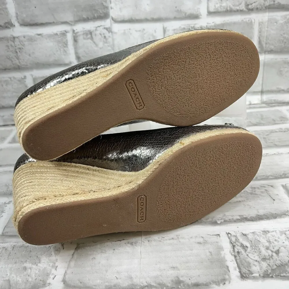 Coach Crackle Silver Women's Size 9.5/10 Metal Leather Wedge Espadrille Bow Shoe